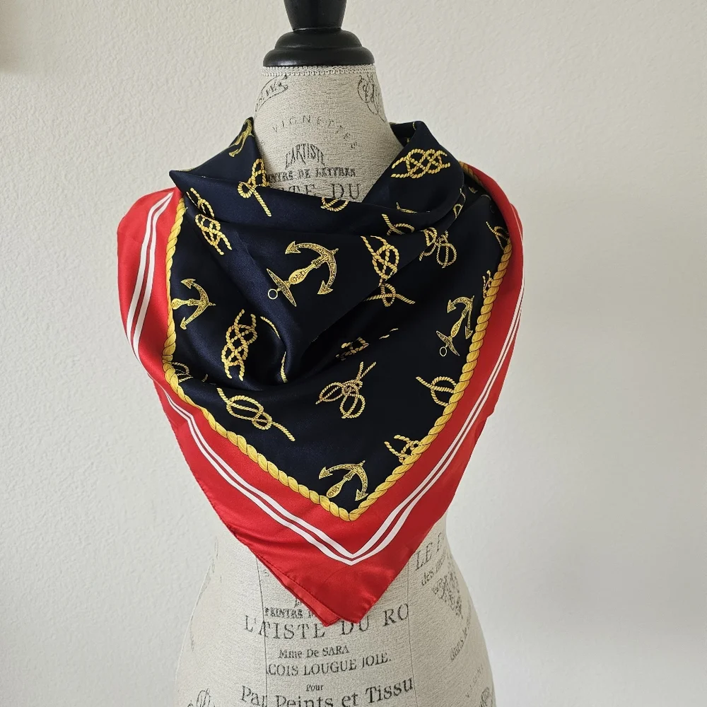 Vintage Made in Italy Nautical Anchor Rope Print Square Scarf Navy Red White